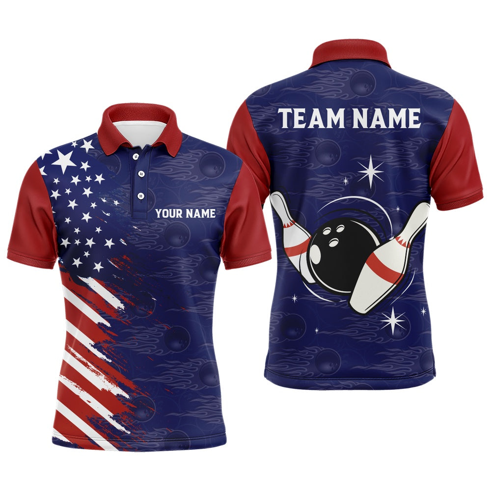 Custom Bowling Polo Shirts, Navy Bowling Polo Shirt Men Custom American Bowling Jersey Seamless Pattern Bowling Shirts