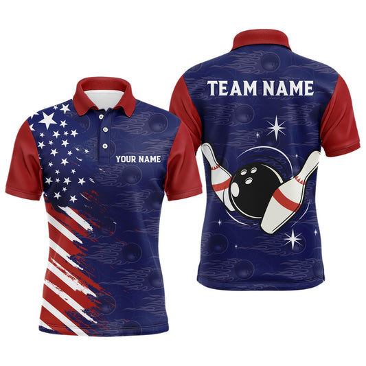 Custom Bowling Polo Shirts, Navy Bowling Polo Shirt Men Custom American Bowling Jersey Seamless Pattern Bowling Shirts