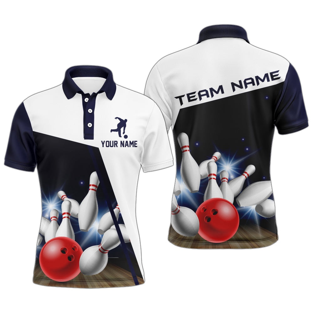 Custom Bowling Polo Shirts, Navy Bowling Polo Shirt Men Personalized Bowling Jersey Team League Bowling Shirt
