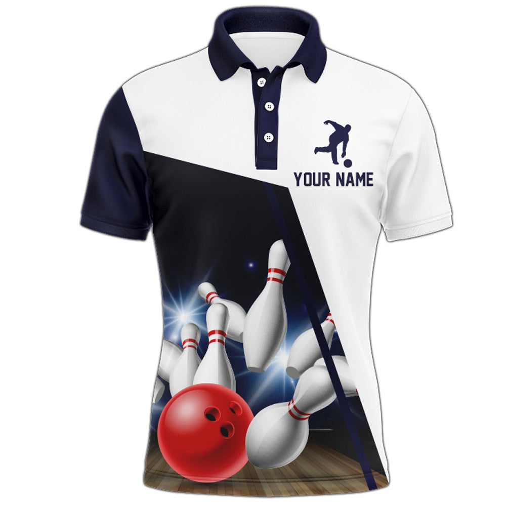 Custom Bowling Polo Shirts, Navy Bowling Polo Shirt Men Personalized Bowling Jersey Team League Bowling Shirt