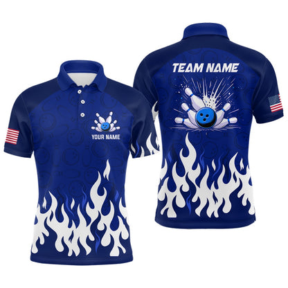 Custom Bowling Polo Shirts, Navy Bowling Shirt Unisex Flame Bowling Jersey Men Polo Bowling Shirt