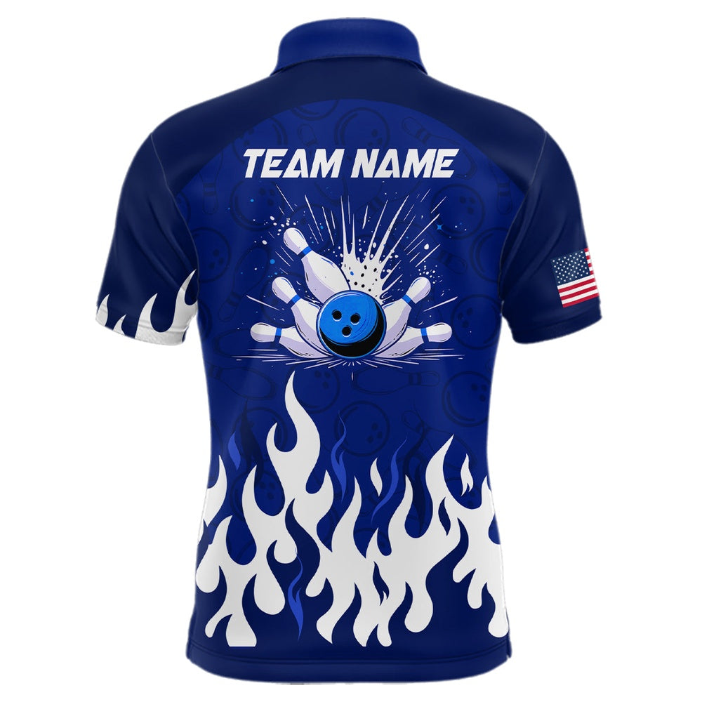 Custom Bowling Polo Shirts, Navy Bowling Shirt Unisex Flame Bowling Jersey Men Polo Bowling Shirt