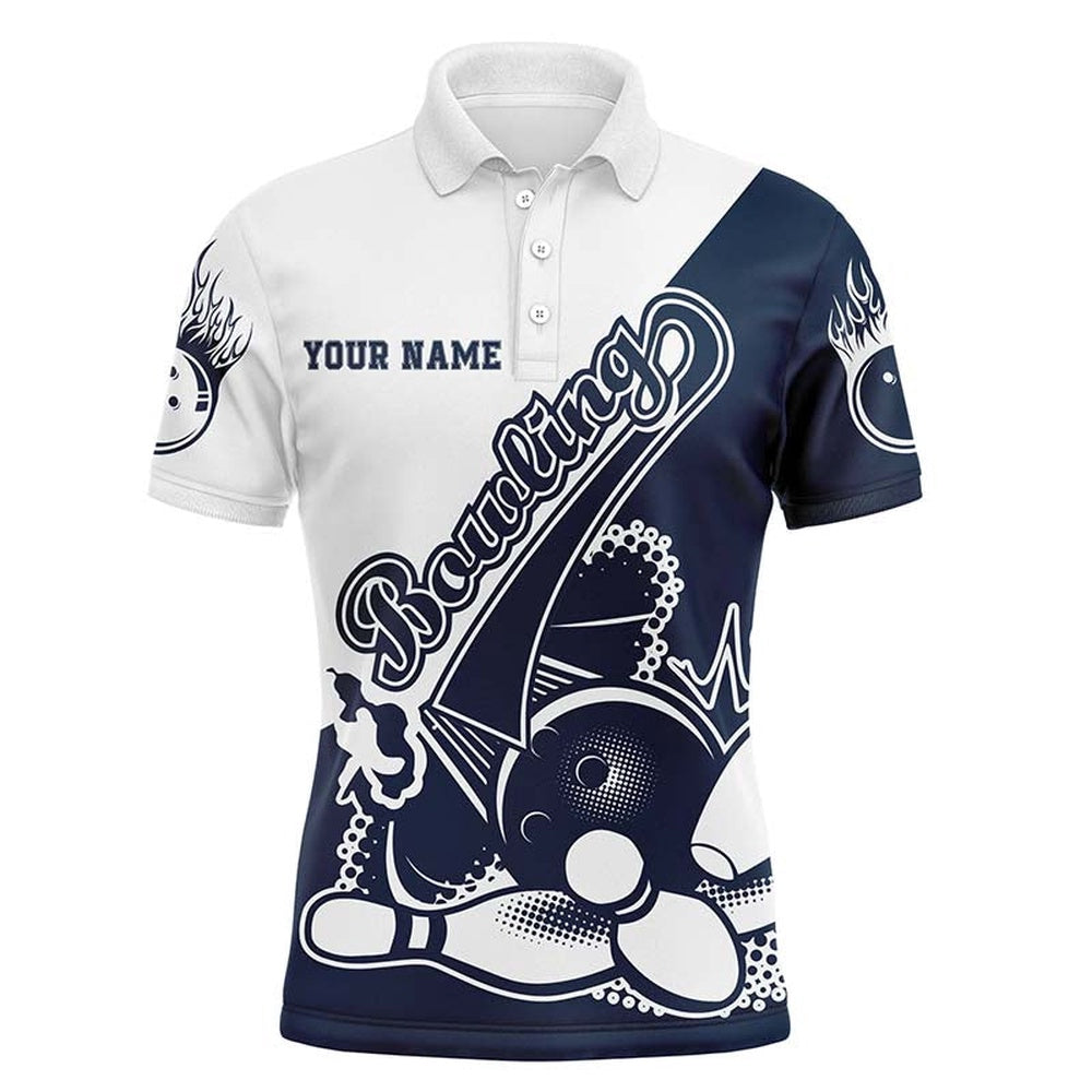 Custom Bowling Polo Shirts, Navy Custom Bowling Shirts For Men, Strike Bowling Team Shirts Bowling Pin