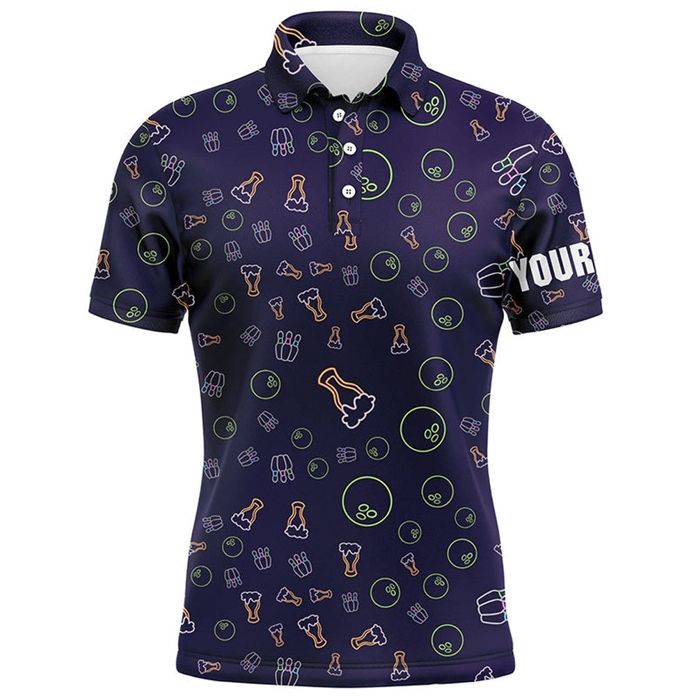 Custom Bowling Polo Shirts, Neon Beer Glowing Bowling Pattern Custom Mens Bowling Polo Shirts, Bowling Team League Jerseys