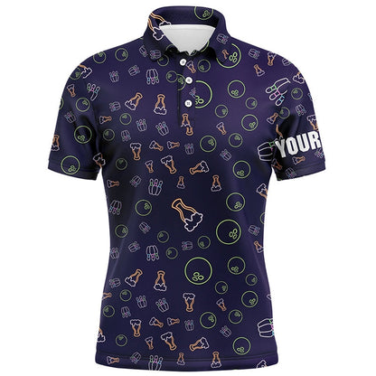 Custom Bowling Polo Shirts, Neon Beer Glowing Bowling Pattern Custom Mens Bowling Polo Shirts, Bowling Team League Jerseys