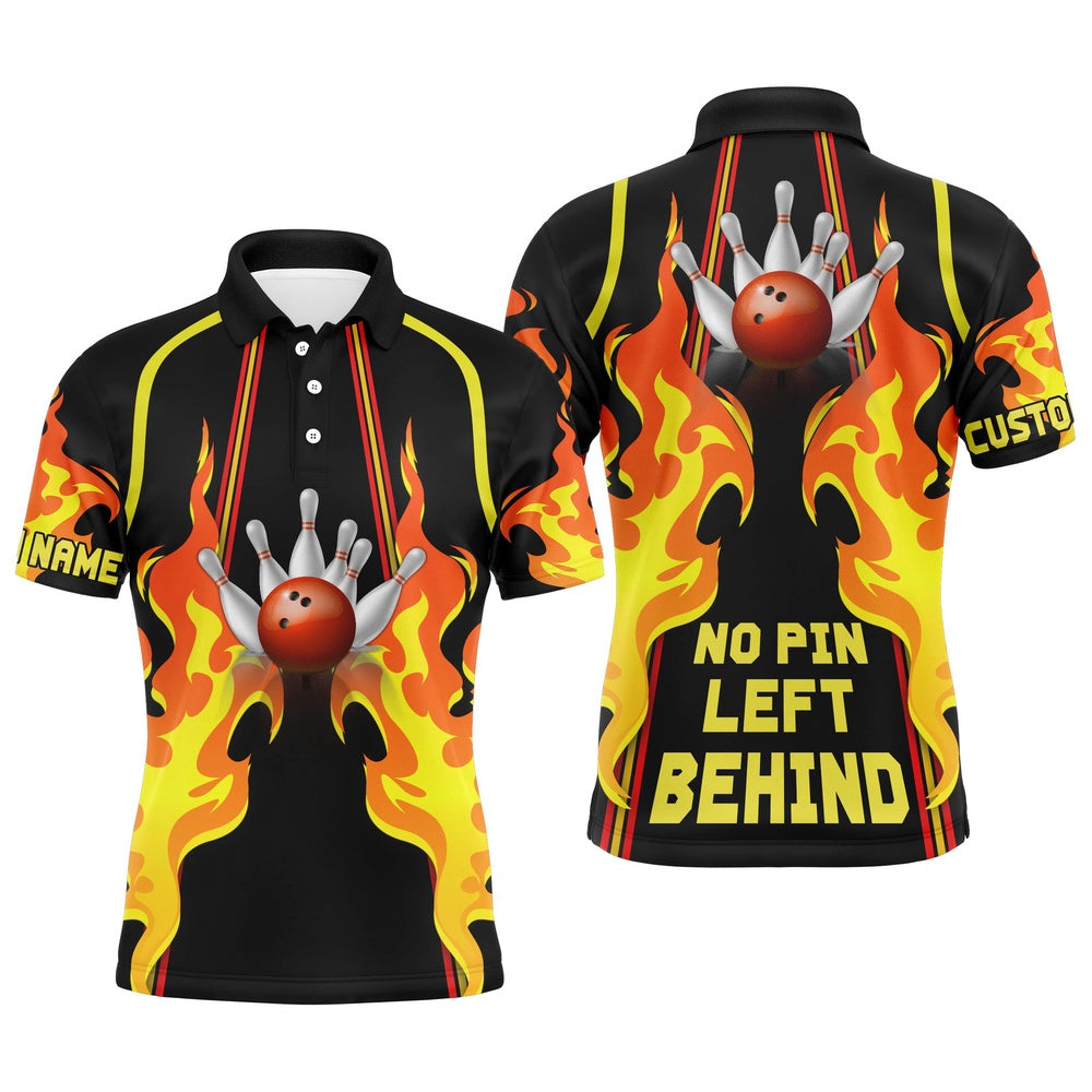 Custom Bowling Polo Shirts, No Pin Left Behind Personalized Men Polo Bowling Shirt, Cool Flame Bowler Jersey