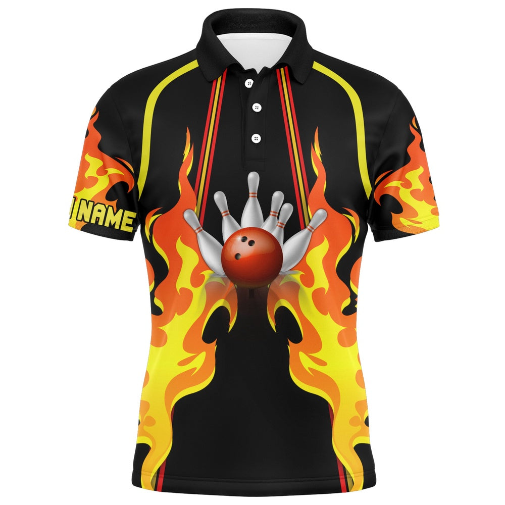 Custom Bowling Polo Shirts, No Pin Left Behind Personalized Men Polo Bowling Shirt, Cool Flame Bowler Jersey
