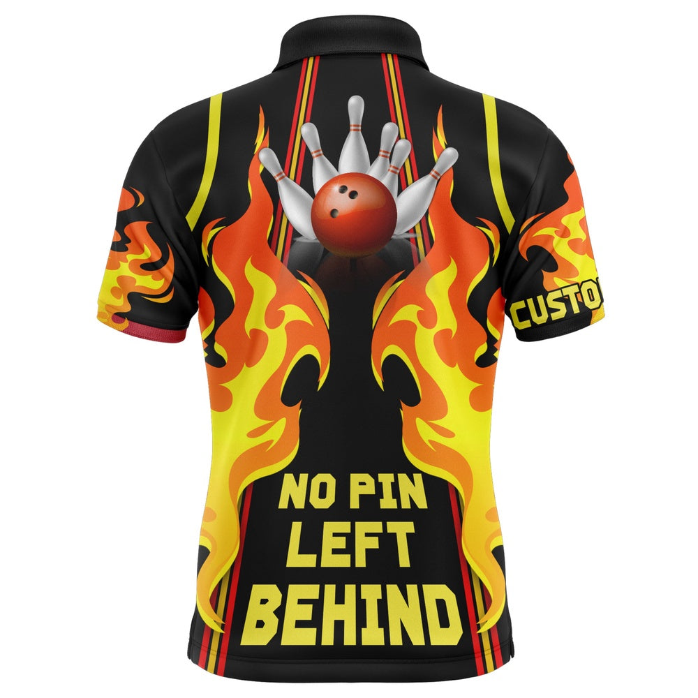 Custom Bowling Polo Shirts, No Pin Left Behind Personalized Men Polo Bowling Shirt, Cool Flame Bowler Jersey