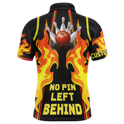 Custom Bowling Polo Shirts, No Pin Left Behind Personalized Men Polo Bowling Shirt, Cool Flame Bowler Jersey