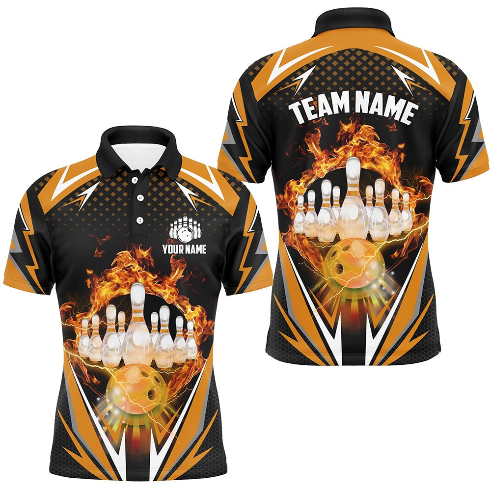 Custom Bowling Polo Shirts, Orange Bowling Shirt Camo Bowling Shirt Customized Flame Bowling Jersey Unisex Polo Shirt For Men