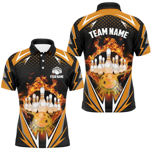 Custom Bowling Polo Shirts, Orange Bowling Shirt Camo Bowling Shirt Customized Flame Bowling Jersey Unisex Polo Shirt For Men
