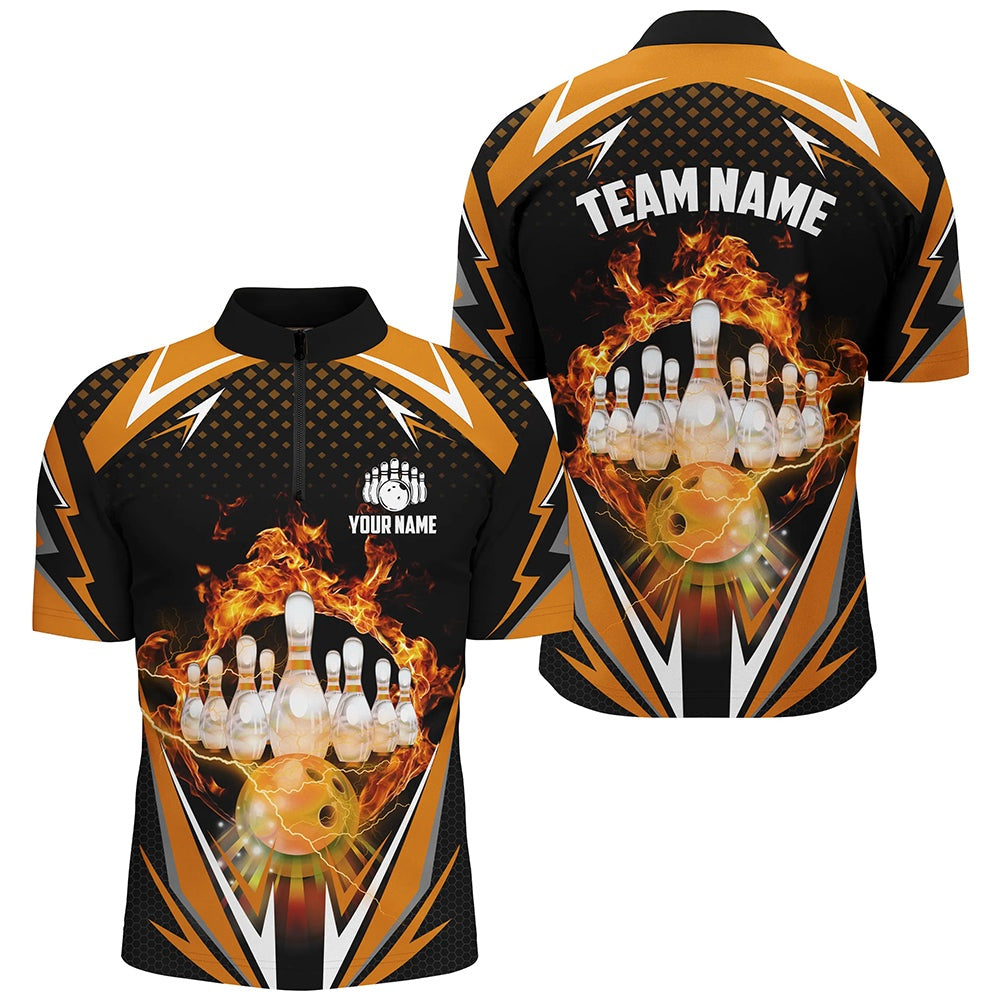 Custom Bowling Polo Shirts, Orange Bowling Shirt Camo Bowling Shirt Customized Flame Bowling Jersey Unisex Zip Shirt For Men