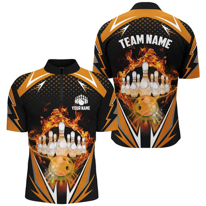 Custom Bowling Polo Shirts, Orange Bowling Shirt Camo Bowling Shirt Customized Flame Bowling Jersey Unisex Zip Shirt For Men