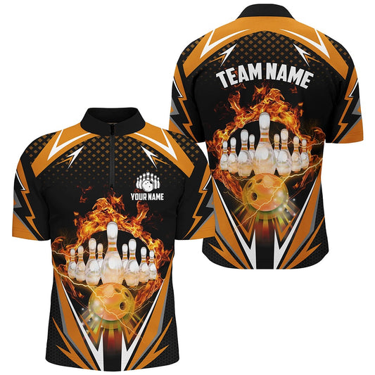 Custom Bowling Polo Shirts, Orange Bowling Shirt Camo Bowling Shirt Customized Flame Bowling Jersey Unisex Zip Shirt For Men