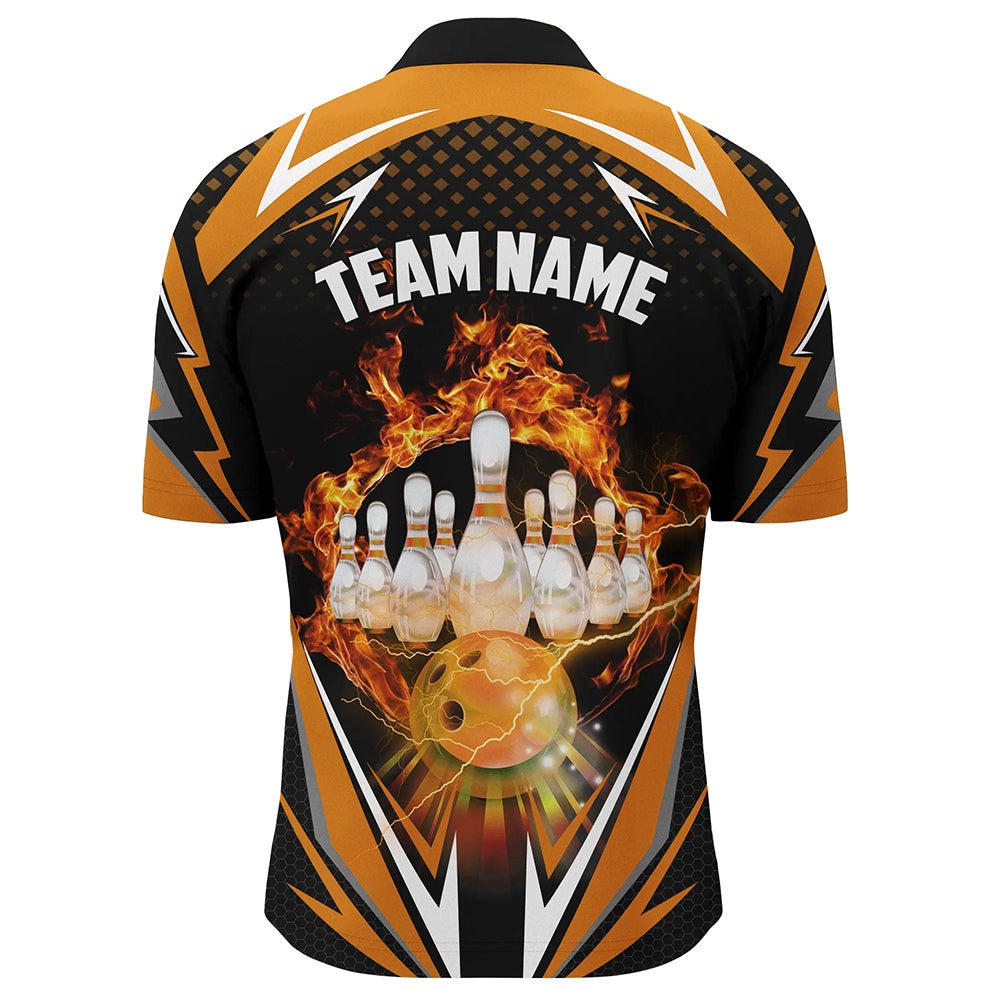 Custom Bowling Polo Shirts, Orange Bowling Shirt Camo Bowling Shirt Customized Flame Bowling Jersey Unisex Zip Shirt For Men