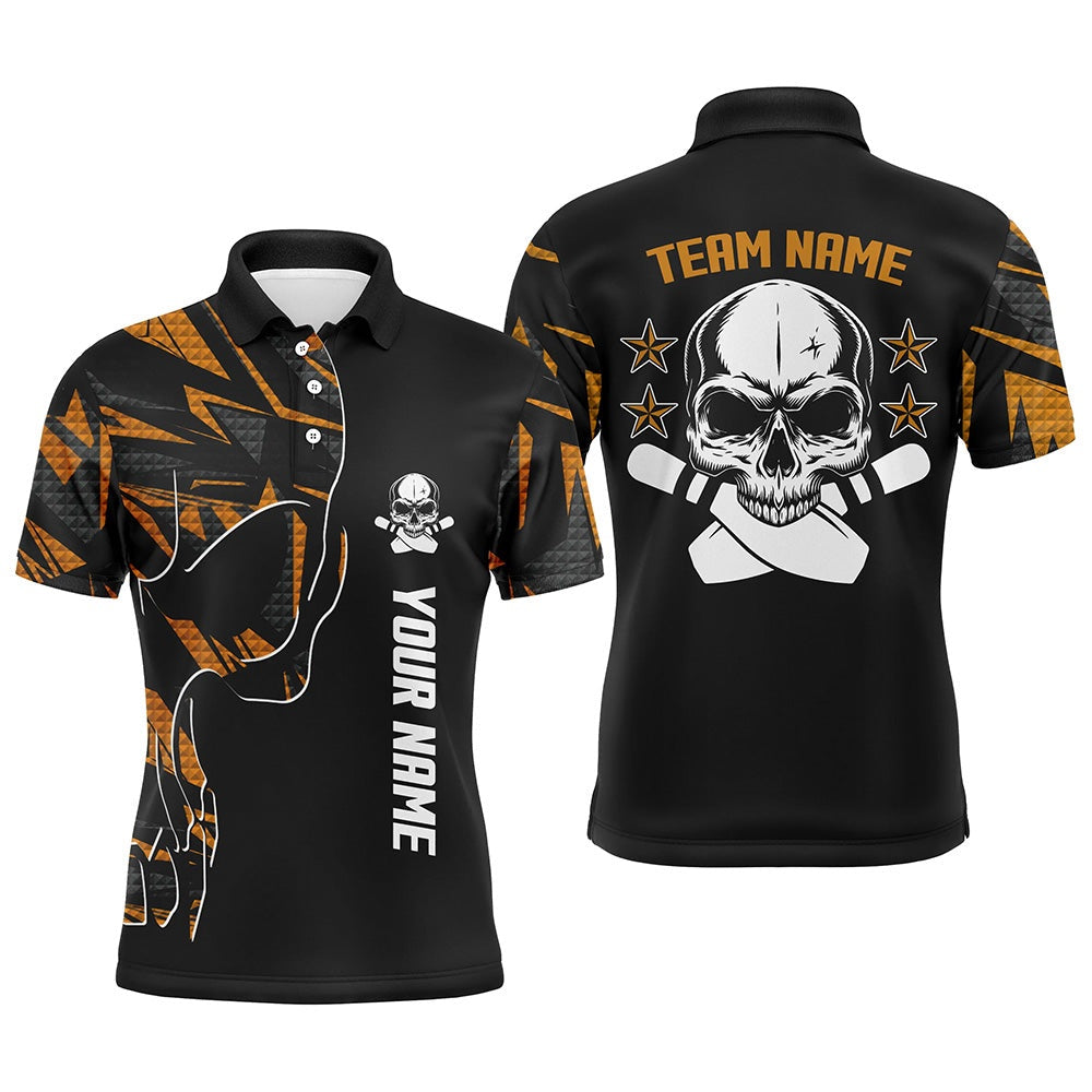 Custom Bowling Polo Shirts, Orange Camo Black Bowling Polo Shirts For Men Custom Team Name Skull Bowling, Team Bowling Shirts