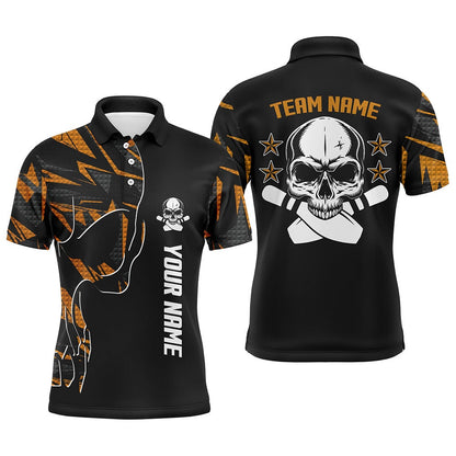 Custom Bowling Polo Shirts, Orange Camo Black Bowling Polo Shirts For Men Custom Team Name Skull Bowling, Team Bowling Shirts