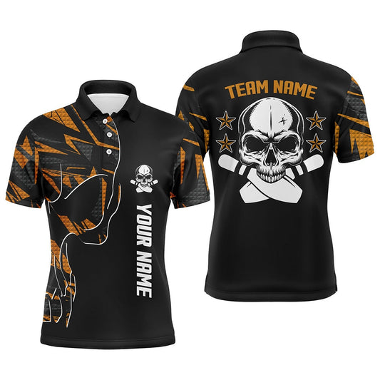 Custom Bowling Polo Shirts, Orange Camo Black Bowling Polo Shirts For Men Custom Team Name Skull Bowling, Team Bowling Shirts