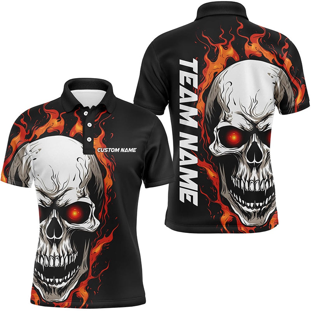 Custom Bowling Polo Shirts, Orange Flame Skull Sport Jerseys, Custom Team Bowling Polo Shirts For Men, Bowler Outfits