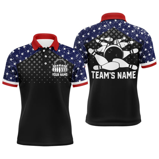 Custom Bowling Polo Shirts, Patriotic Bowling Polo Shirt For Men Custom Bowling Team League Jersey Usa Flag Bowling Shirt