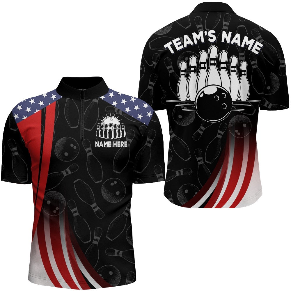 Custom Bowling Polo Shirts, Patriotic Bowling Shirt American Camo Bowling Jersey Customized For Men Zip Bowling Team League