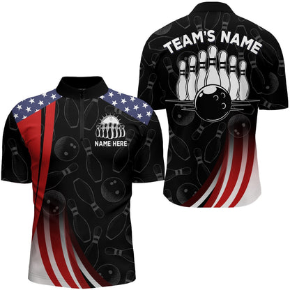 Custom Bowling Polo Shirts, Patriotic Bowling Shirt American Camo Bowling Jersey Customized For Men Zip Bowling Team League