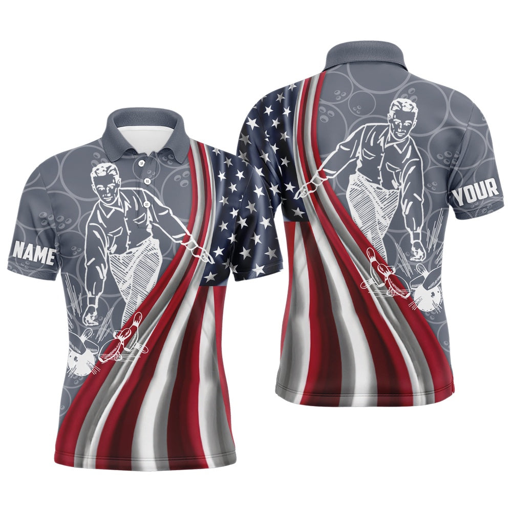 Custom Bowling Polo Shirts, Patriotic Men'S Polo Bowling Shirt, American Flag Custom Name Bowlers Jersey Short Sleeve