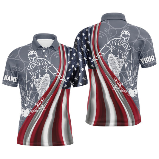 Custom Bowling Polo Shirts, Patriotic Men'S Polo Bowling Shirt, American Flag Custom Name Bowlers Jersey Short Sleeve