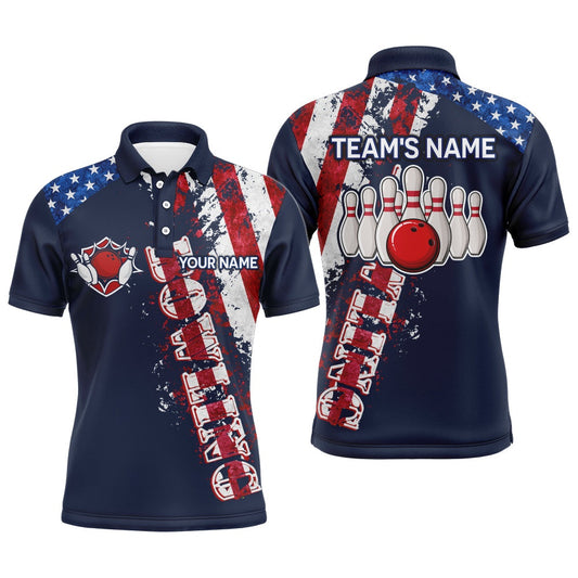Custom Bowling Polo Shirts, Patriotic Men'S Polo Bowling Shirt, Custom Name Men Bowlers Jersey Short Sleeve American Flag