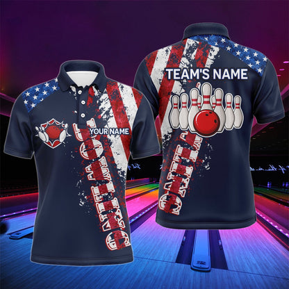 Custom Bowling Polo Shirts, Patriotic Men'S Polo Bowling Shirt, Custom Name Men Bowlers Jersey Short Sleeve American Flag