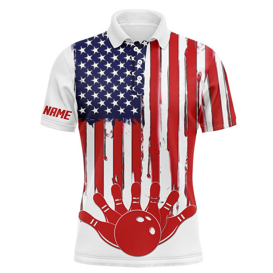 Custom Bowling Polo Shirts, Personalized America Flag Polo Bowling Shirt Flame Bowling Ball And Pins Short Sleeve Polo For Men Women Bowlers A