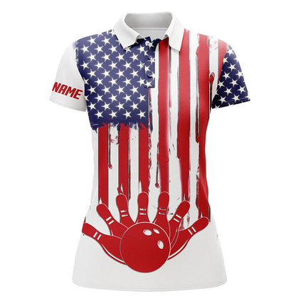 Custom Bowling Polo Shirts, Personalized America Flag Polo Bowling Shirt Flame Bowling Ball And Pins Short Sleeve Polo For Men Women Bowlers A