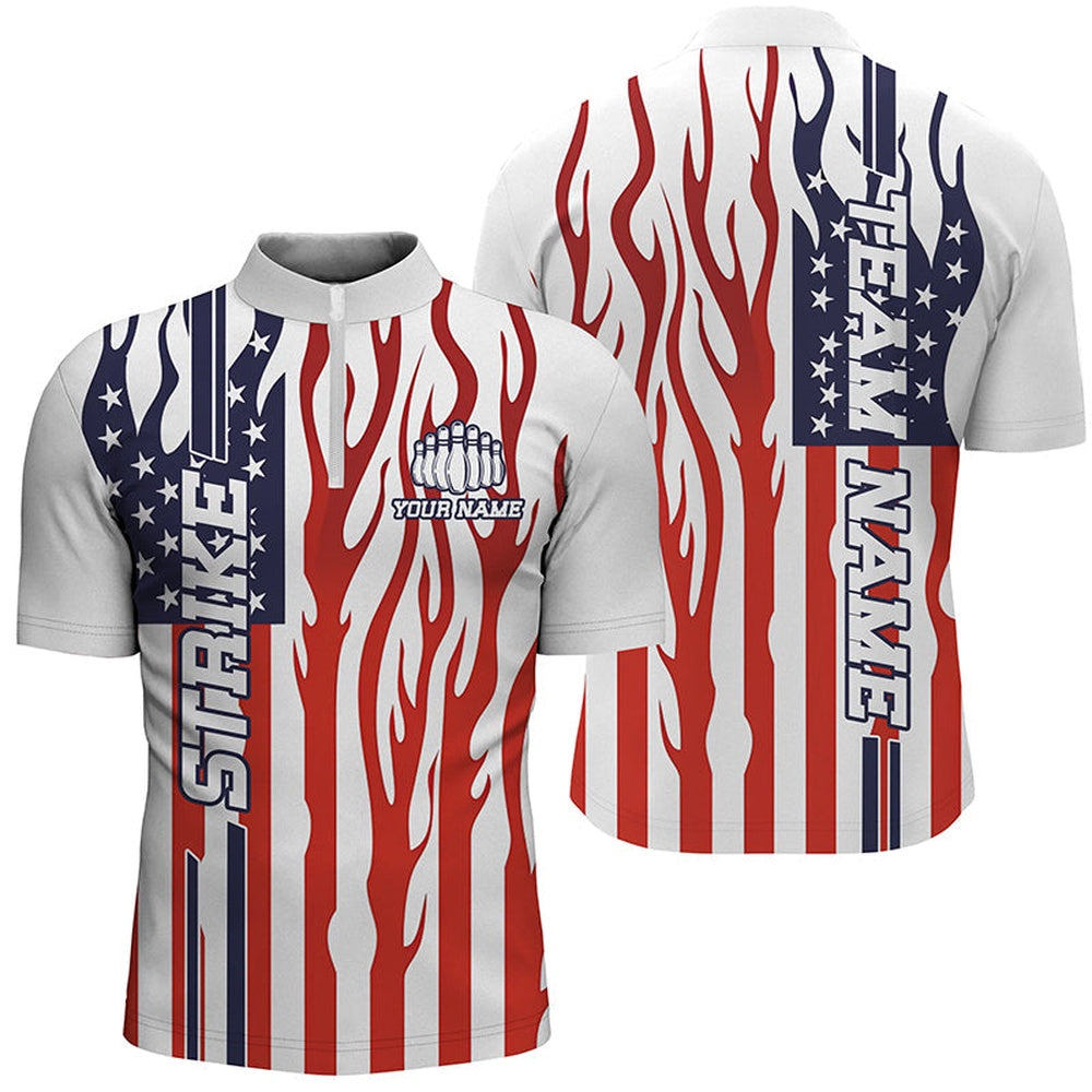 Custom Bowling Polo Shirts, Personalized American Flag Flame Unisex Bowling Team Shirts, Patriotic Bowlers Outfits