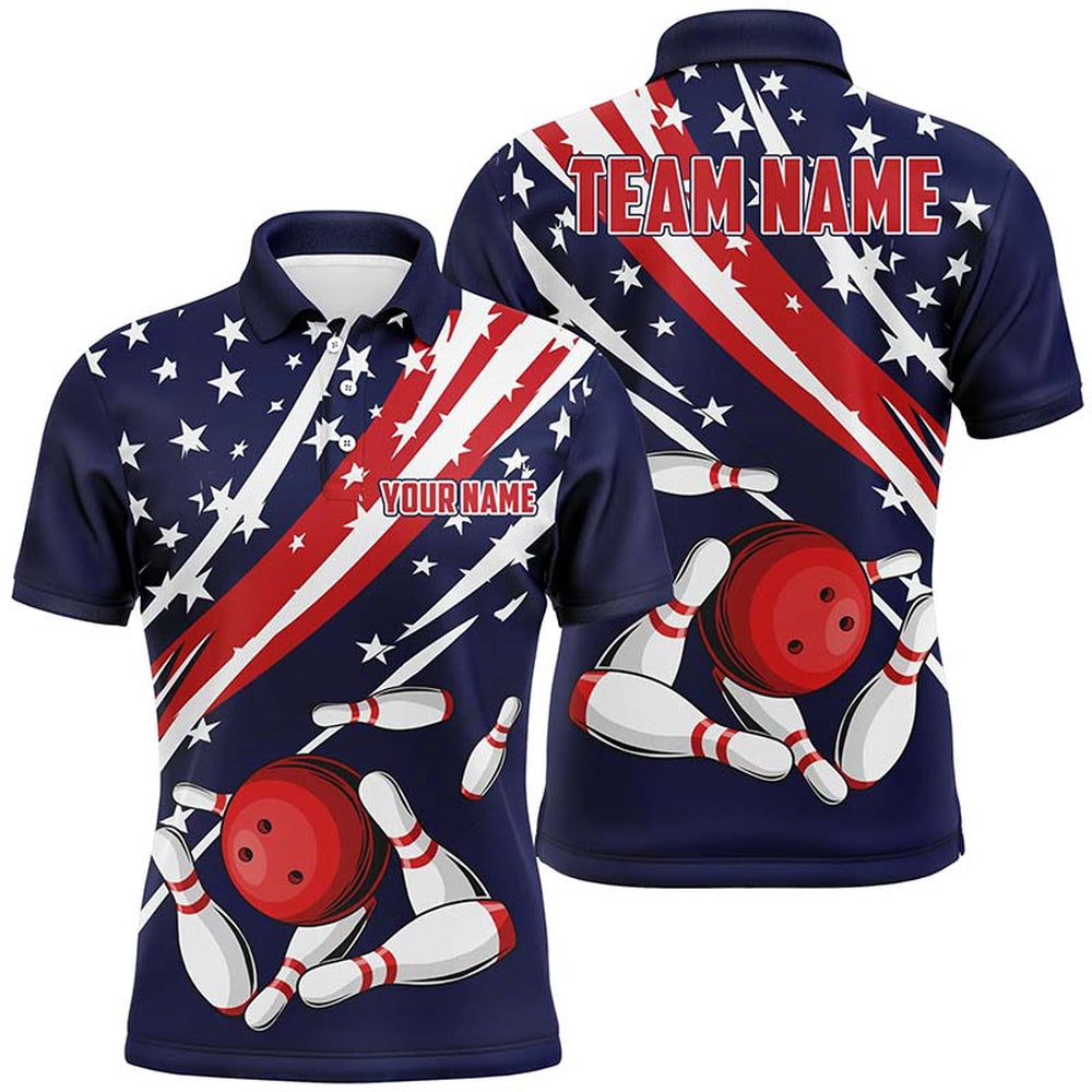 Custom Bowling Polo Shirts, Personalized American Flag Men'S Bowling Polo Shirts For Team, Patriotic Strike Bowling Jerseys