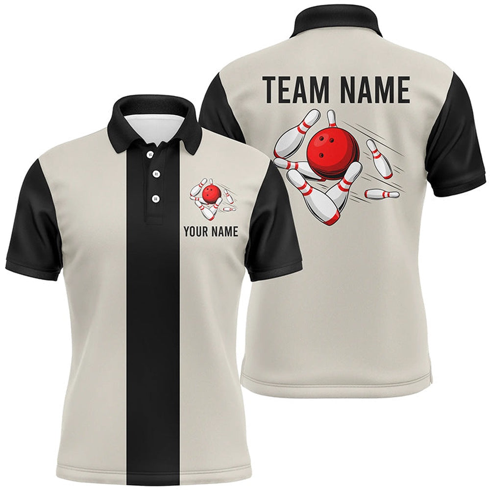 Custom Bowling Polo Shirts, Personalized Beige And Black Retro Bowling Polo Shirts For Men Custom Vintage Bowling Team Jerseys