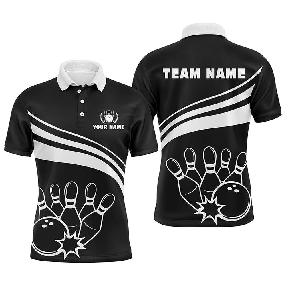 Custom Bowling Polo Shirts, Personalized Black And White Bowling Polo Shirts For Men, Custom Men'S Bowling Shirt Team Bowl Jersey