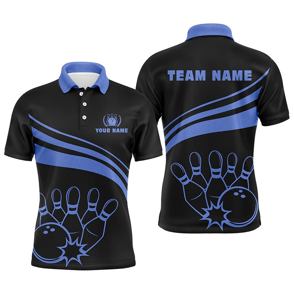 Custom Bowling Polo Shirts, Personalized Black Bowling Polo Shirts For Men, Custom Men'S Bowling Shirt Team Bowling Jerseys Blue