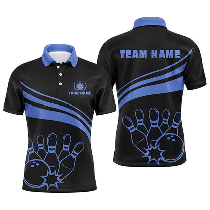 Custom Bowling Polo Shirts, Personalized Black Bowling Polo Shirts For Men, Custom Men'S Bowling Shirt Team Bowling Jerseys Blue