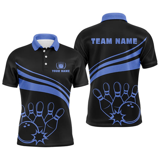 Custom Bowling Polo Shirts, Personalized Black Bowling Polo Shirts For Men, Custom Men'S Bowling Shirt Team Bowling Jerseys Blue