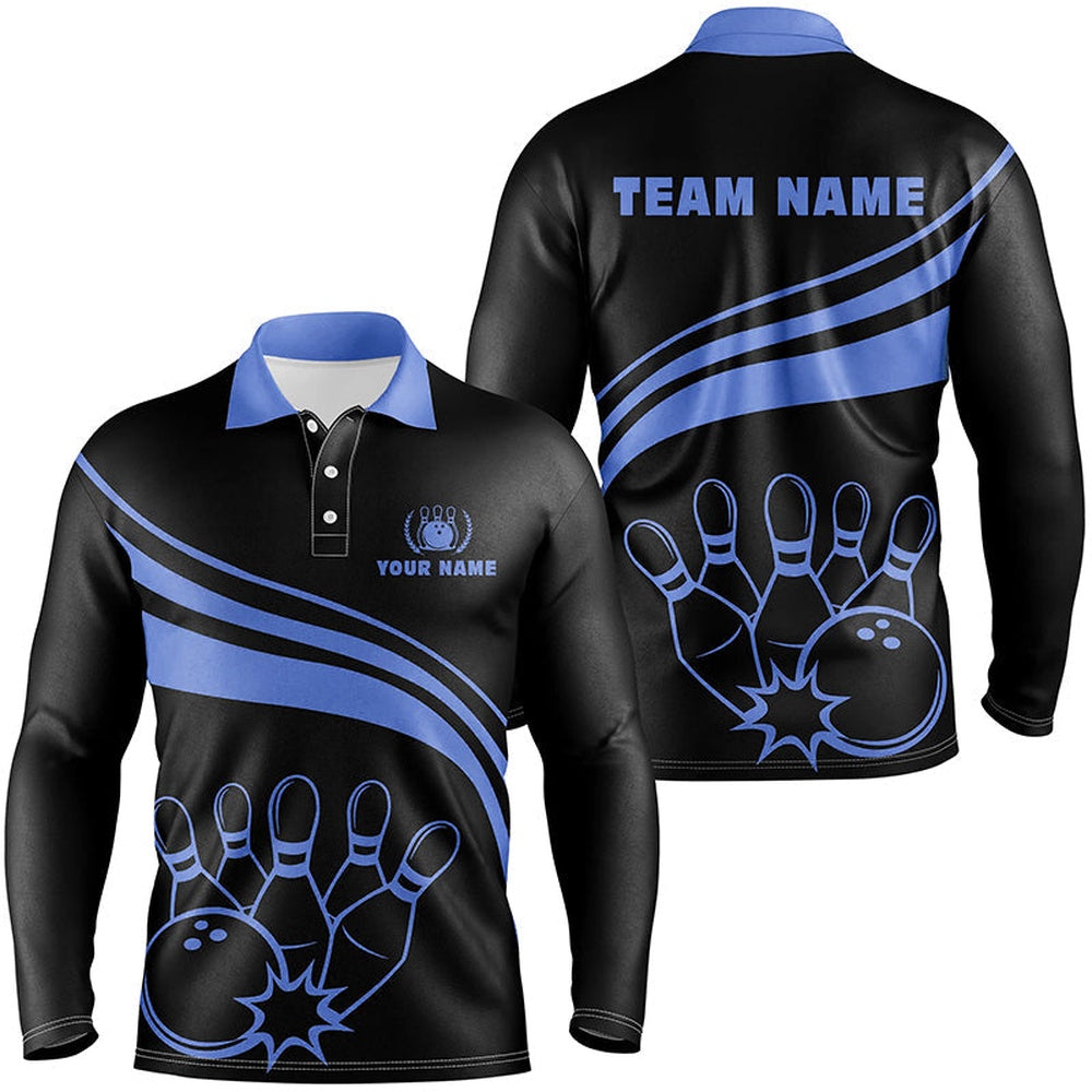 Custom Bowling Polo Shirts, Personalized Black Bowling Polo Shirts For Men, Custom Men'S Bowling Shirt Team Bowling Jerseys Blue