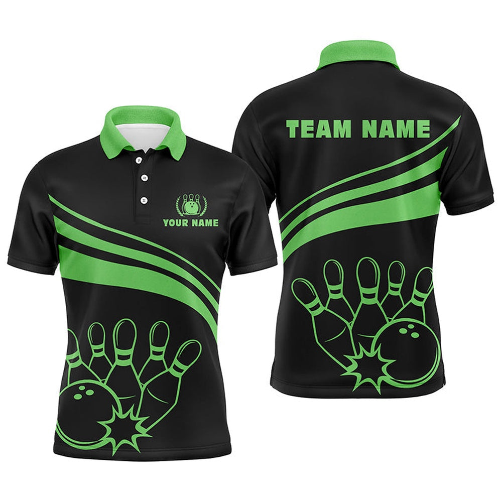 Custom Bowling Polo Shirts, Personalized Black Bowling Polo Shirts For Men, Custom Men'S Bowling Shirt Team Bowling Jerseys Green