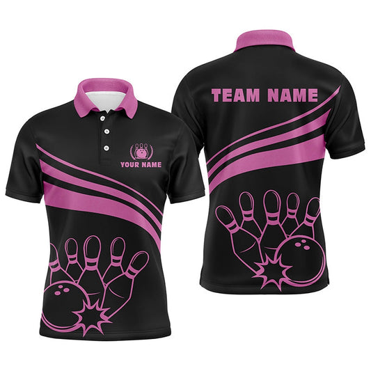 Custom Bowling Polo Shirts, Personalized Black Bowling Polo Shirts For Men, Custom Men'S Bowling Shirt Team Bowling Jerseys Pink