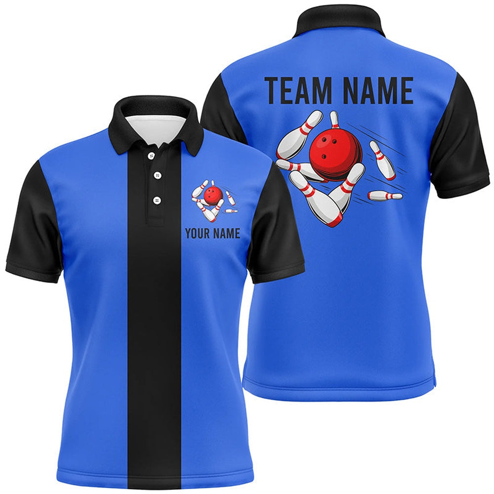 Custom Bowling Polo Shirts, Personalized Blue Black Retro Bowling Polo Shirts For Men Custom Vintage Bowling Team Jerseys