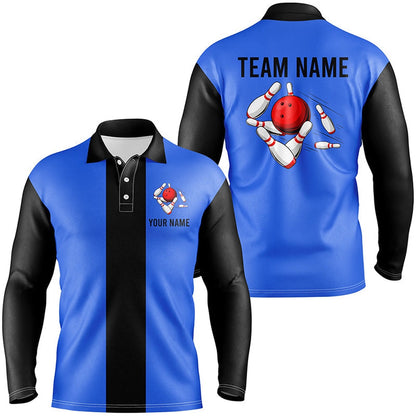 Custom Bowling Polo Shirts, Personalized Blue Black Retro Bowling Polo Shirts For Men Custom Vintage Bowling Team Jerseys