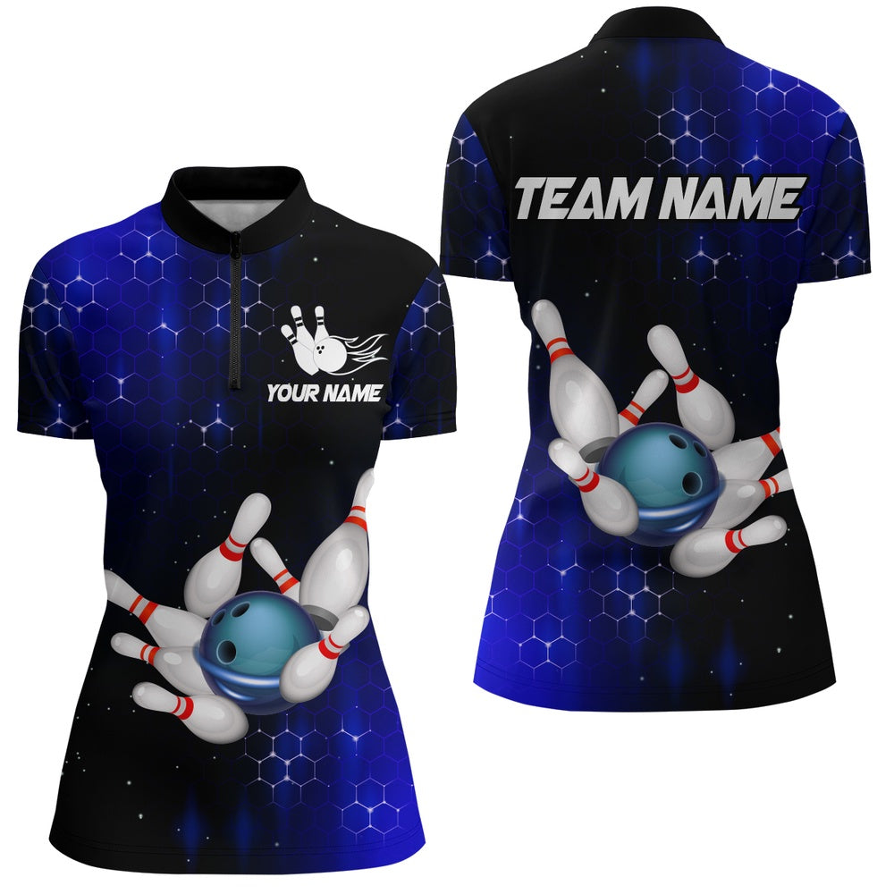 Custom Bowling Polo Shirts, Personalized Blue Bowling Shirts Men Women Bowling Team Jersey Bowling Zip Shirt