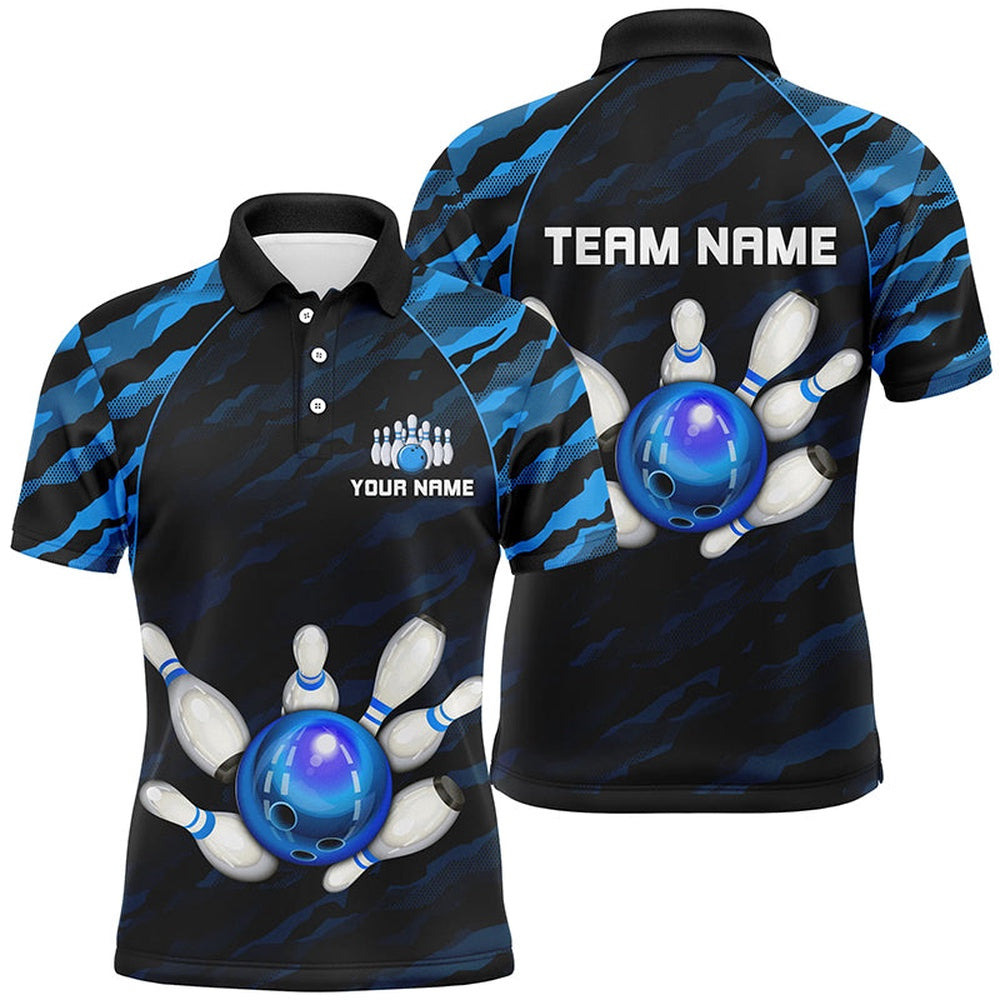 Custom Bowling Polo Shirts, Personalized Blue Camo Bowling Polo Shirts Unisex Bowling Team Jersey Men Women