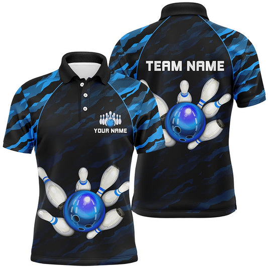 Custom Bowling Polo Shirts, Personalized Blue Camo Bowling Polo Shirts Unisex Bowling Team Jersey Men Women