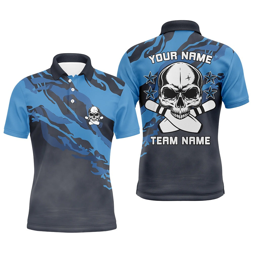 Custom Bowling Polo Shirts, Personalized Blue Camo Skull Bowling Polo Shirt For Men Custom Team'S Name Men Bowler Jersey