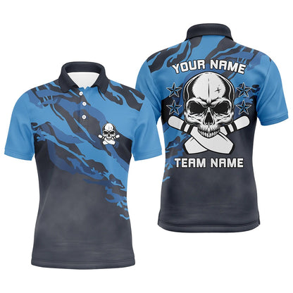 Custom Bowling Polo Shirts, Personalized Blue Camo Skull Bowling Polo Shirt For Men Custom Team'S Name Men Bowler Jersey