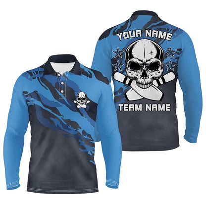 Custom Bowling Polo Shirts, Personalized Blue Camo Skull Bowling Polo Shirt For Men Custom Team'S Name Men Bowler Jersey